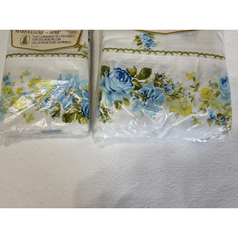 Vintage Springmaid Marvelaire Double Flat Sheet 2 Pillowcases Blue Yellow Rose